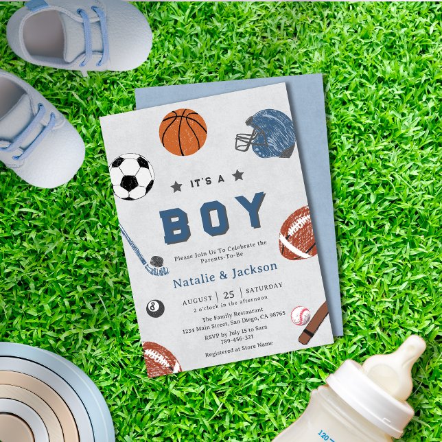 Alegre tema deportivo Baby Boy Invitación a la duc (Cheerful Sport Theme Baby Boy Shower Invitation)