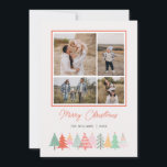 Alegres árboles de Navidad acogedores 4 fotos<br><div class="desc">Este diseño navideño sencillo y elegante incluye cuatro de tus fotos personales favoritas, las palabras "Feliz Navidad" (u otro texto de tu elección) en texto escrito a mano sobre un fondo de marfil limpio con un borde inferior ilustrado de árboles de Navidad garabateados. Tarjeta invertida a un verde intenso de...</div>