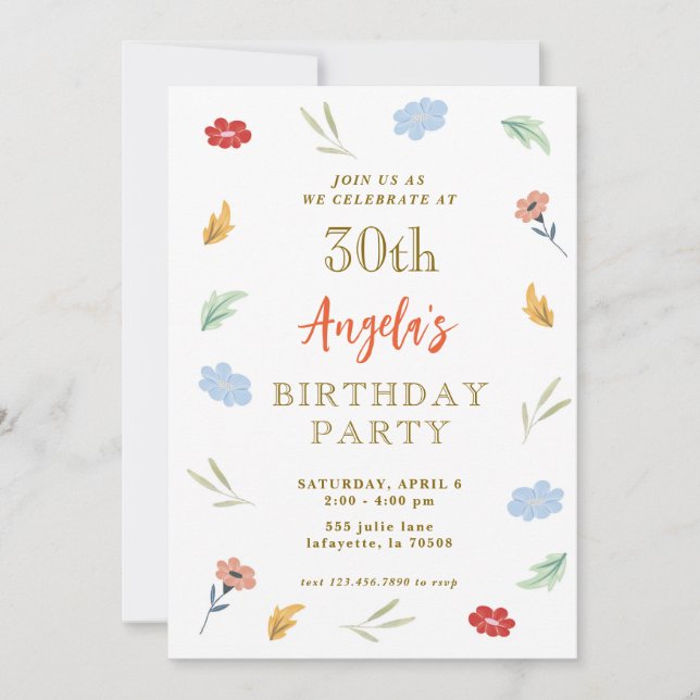 Alegres invitaciones de cumpleaños 30 florecientes (Anverso)