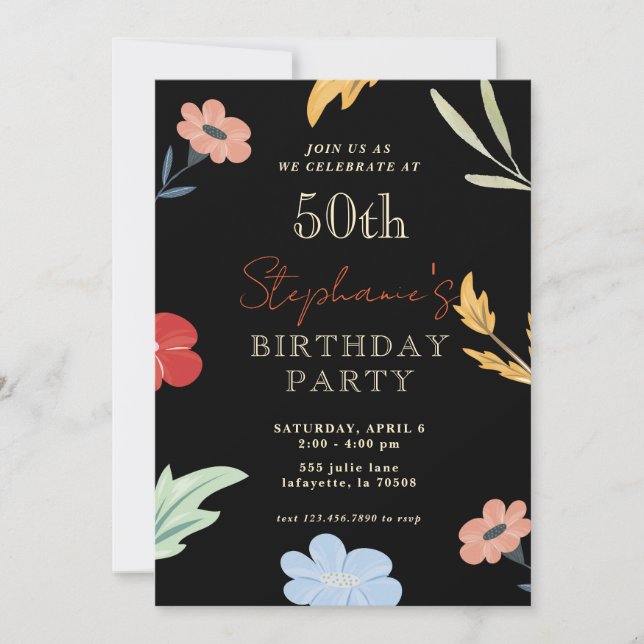 Alegres invitaciones de cumpleaños 50 con flores (Anverso)