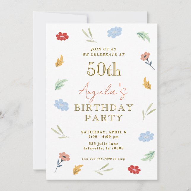 Alegres invitaciones de cumpleaños 50 con flores (Anverso)