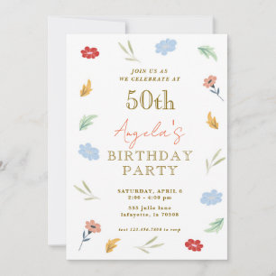 Alegres invitaciones de cumpleaños 50 con flores