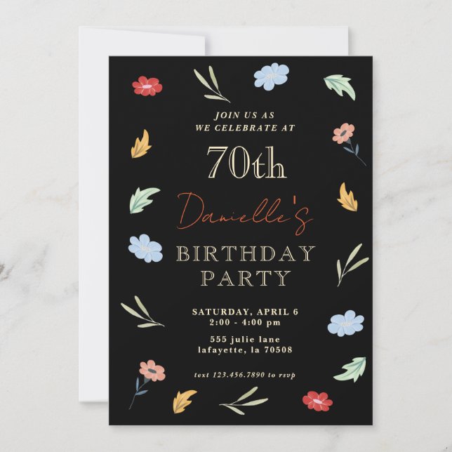 Alegres invitaciones de cumpleaños 70 con flores (Anverso)