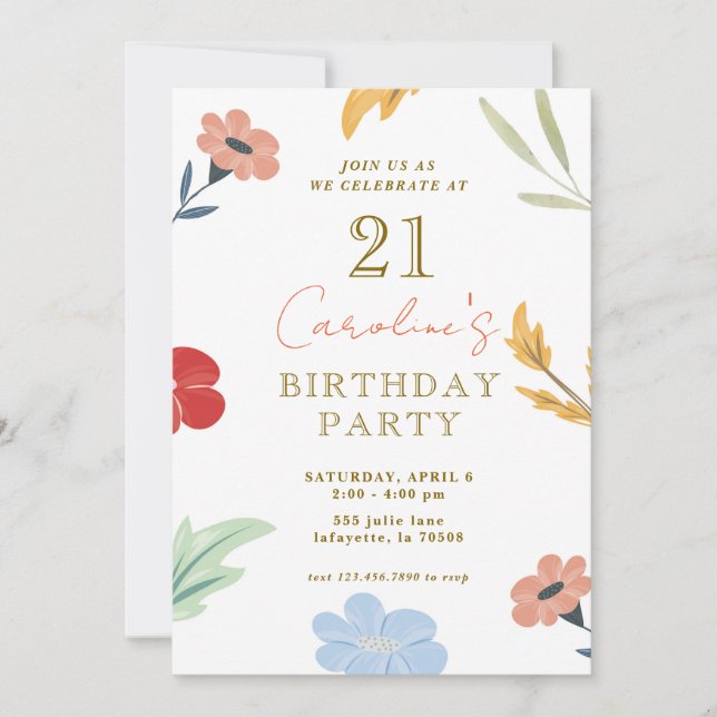 Alegres invitaciones de cumpleaños con flores (Anverso)