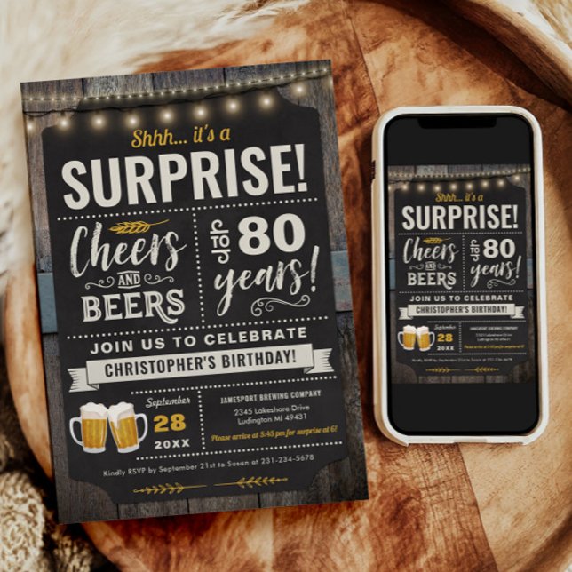 Alegres y cervezas sorpresa Invitación a cumplir 8 (Surprise Cheers and Beers 80th Birthday Invitation)