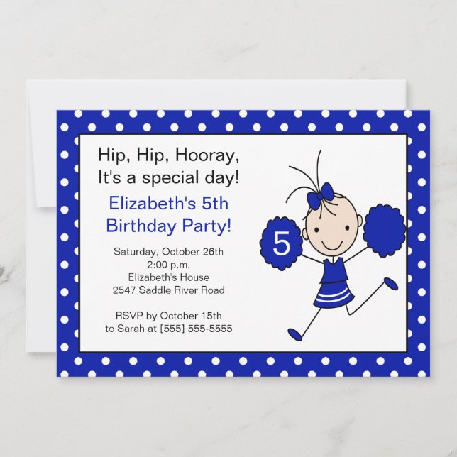 Alegría azul y blanca invitación a cumpleaños (Anverso)