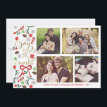Alegría moderna a la tarjeta de la foto de los<br><div class="desc">Fotografía de Gabriela Koopmans @ www.gabriela-photography.com Tarjeta de Navidad elegante con los lugares para cuatro fotos. Muérdago, flores, bayas rojas y conos de la conífera ilustrados así como una cinta roja. Lee "alegría al mundo" en la suposición, fuentes de moda de la escritura. Personalícela con su apellido y fotos. El...</div>