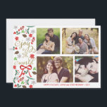 Alegría moderna a la tarjeta de la foto de los<br><div class="desc">Fotografía de Gabriela Koopmans @ www.gabriela-photography.com Tarjeta de Navidad elegante con los lugares para cuatro fotos. Muérdago, flores, bayas rojas y conos de la conífera ilustrados así como una cinta roja. Lee "alegría al mundo" en la suposición, fuentes de moda de la escritura. Personalícela con su apellido y fotos. El...</div>