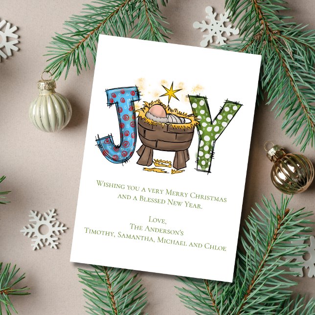 Alegría Personalizada Niño Jesús Navidad Religiosa (Joy Christmas Card Personalized Add your own greeting. Baby Jesus in Manger.)