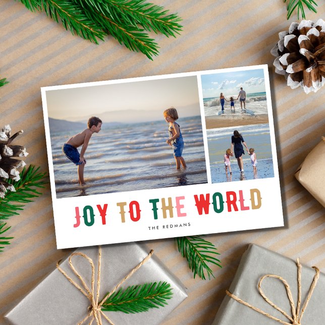 Alegría por la tarjeta de vacaciones del Collage d (Joy to the World Photo Collage Christmas Holiday Card)