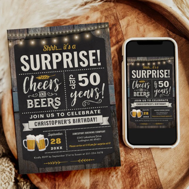 Alegría sorpresa y cerveza 50 años de invitación (Surprise Cheers and Beers 50th Birthday Invitation)