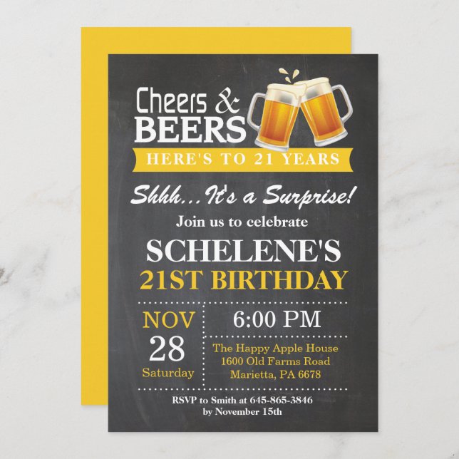 Alegría sorpresa y cerveza Invitación a cumpleaños (Anverso / Reverso)