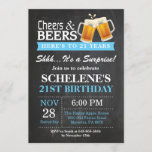 Alegría sorpresa y cerveza Invitación a cumpleaños<br><div class="desc">Tarjeta de invitación de cumpleaños número 21: "Surprise Cheers and Beers". Cumpleaños de adultos.Azul. 16 18 20 21 30 40 50 60 70 80 90 100. Cualquier edad.
Para más personalización,  haga clic en el botón "Personalizar" y utilice nuestra herramienta de diseño para modificar esta plantilla.</div>