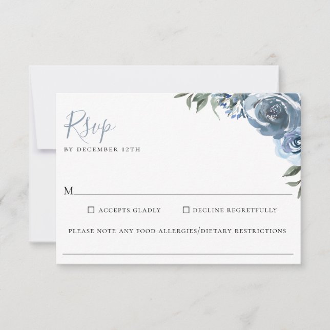Alergia alimentaria Dusty Blue Floral Boda RSVP (Anverso)