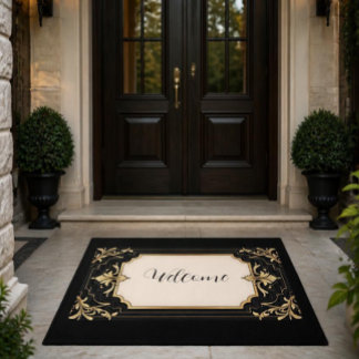Alfombra de área con marco ornamentado negro y dor