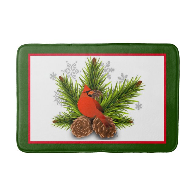 Alfombra de baño de cardenal de Navidad con piñas (Anverso)