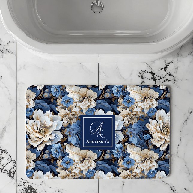 Alfombra de Baño de Flores Blancas Azules Clásicas (Classic Blue White Flowers Custom Name Bath Mat)