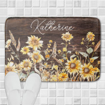 Alfombra de baño de madera con campo de girasoles