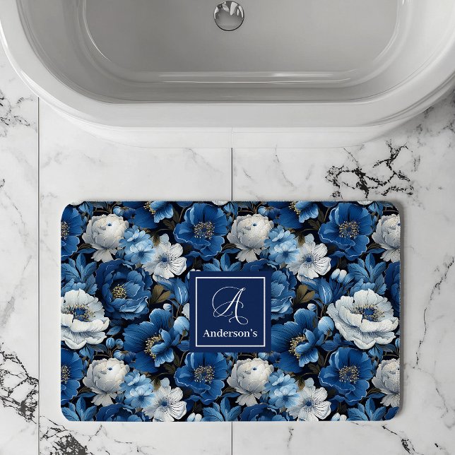 Alfombra de baño floral personalizada de flores az (Modern Blue Flowers Personalized Floral Bath Mat)