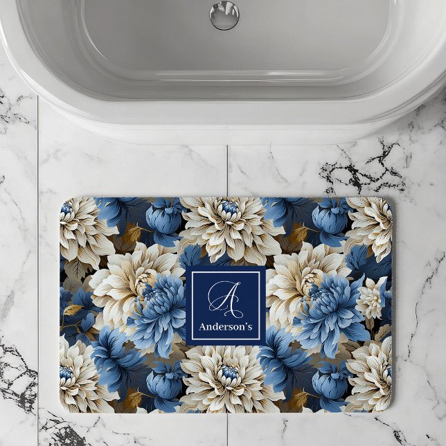 Alfombra de baño personalizada Chic flores blancas (Chic Blue White Flowers Personalized Bath Mat)