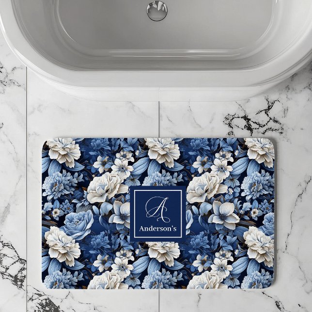 Alfombra de baño personalizada con flores blancas  (Navy blue and ivory flowers,
Deep Blue flowers botanical garden,
Royal blue dusty blue floral,
Water)