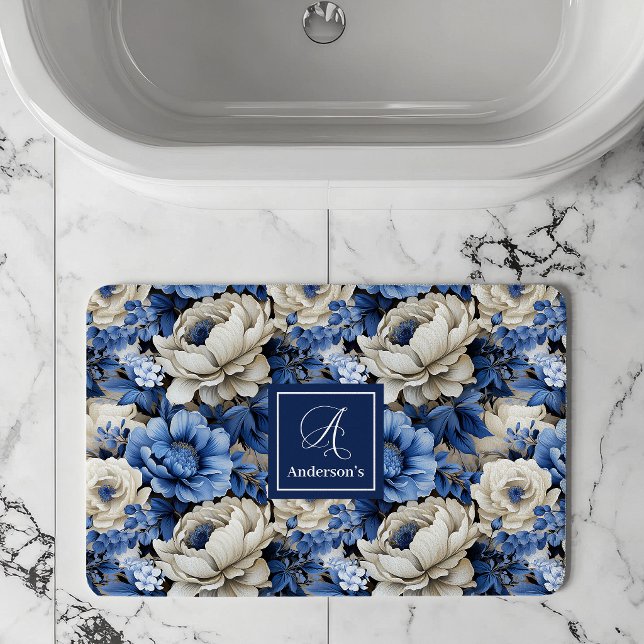 Alfombra de baño personalizada de flores de marfil (Luxury Blue Ivory Flowers Personalized Bath Mat)