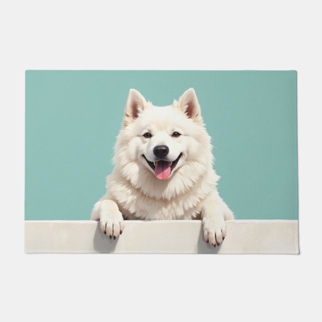 Alfombra de bienvenida con arte de perro Samoyedo (Anverso)
