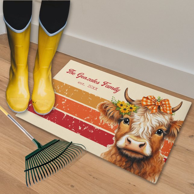 Alfombra de bienvenida de granja rústica Vaca High (Rustic Farmhouse Fall Front Door Home Decoration Highland Cow With Sunflowers  Plaid Ribbon )