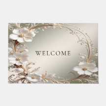 Alfombra de bienvenida floral blanca ornamentada