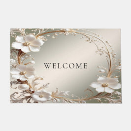 Alfombra de bienvenida floral blanca ornamentada