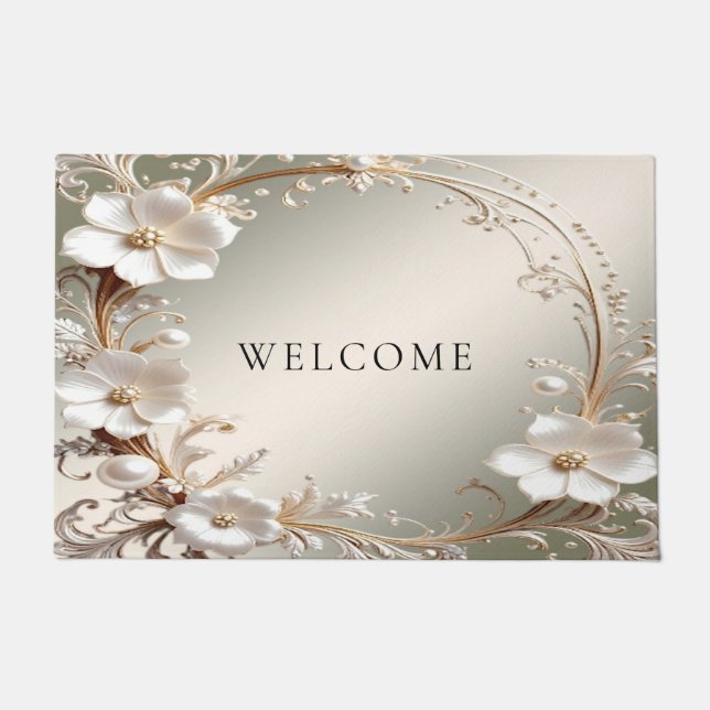 Alfombra de bienvenida floral blanca ornamentada (Anverso)
