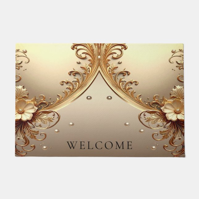 Alfombra de bienvenida floral dorada ornamentada (Anverso)