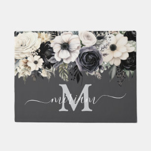 Alfombra de Cocina de Lujo: Flores Negras y Blanca