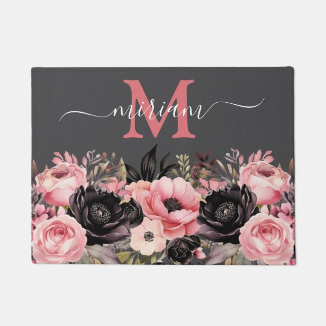 Alfombra de cocina de lujo: flores rosas y negras (Anverso)