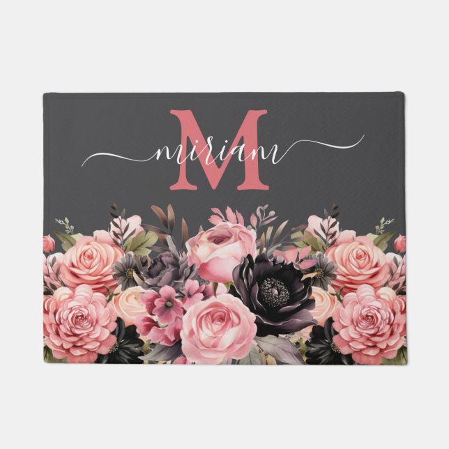 Alfombra de cocina de lujo: flores rosas y negras (Anverso)