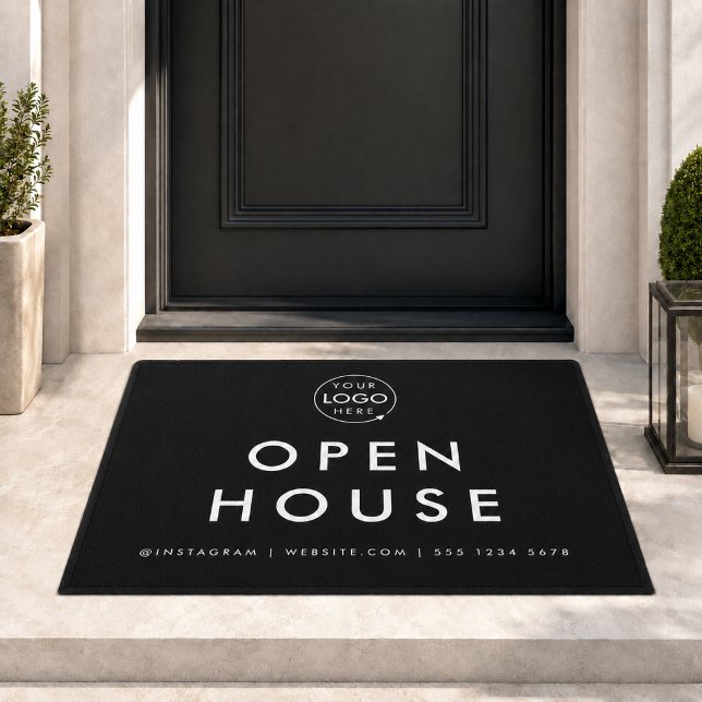 Alfombra de Entrada de Casa Abierta | Alfombra de  (Custom open house realtor doormat with logo space and contact details for listing visits.)
