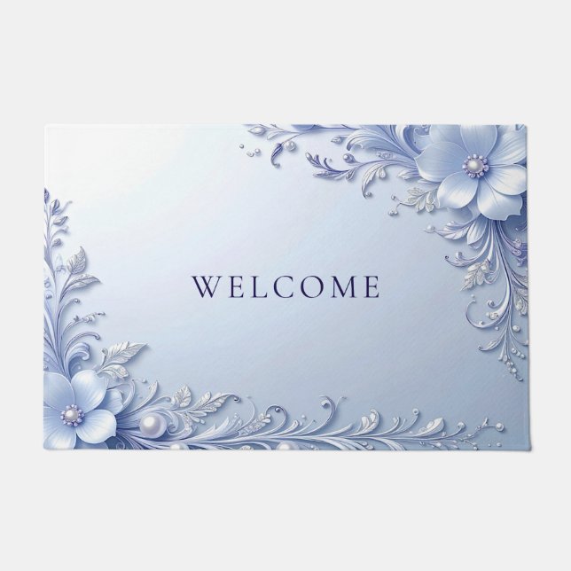 Alfombra de flores ornamentadas azules con perlas (Anverso)