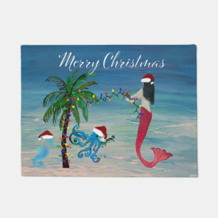 Alfombra de Navidad de playa costera de sirena y p