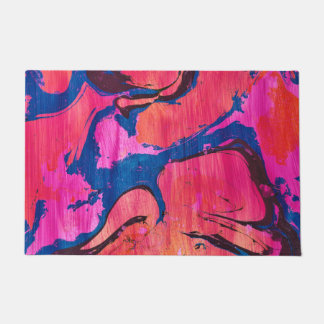 Alfombra de puerta abstracta estilo Ebru rojo azul