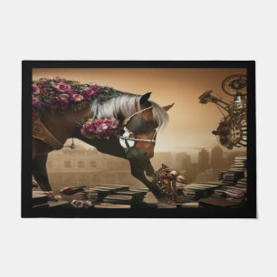 Alfombra de puerta de caballo steampunk con rosas