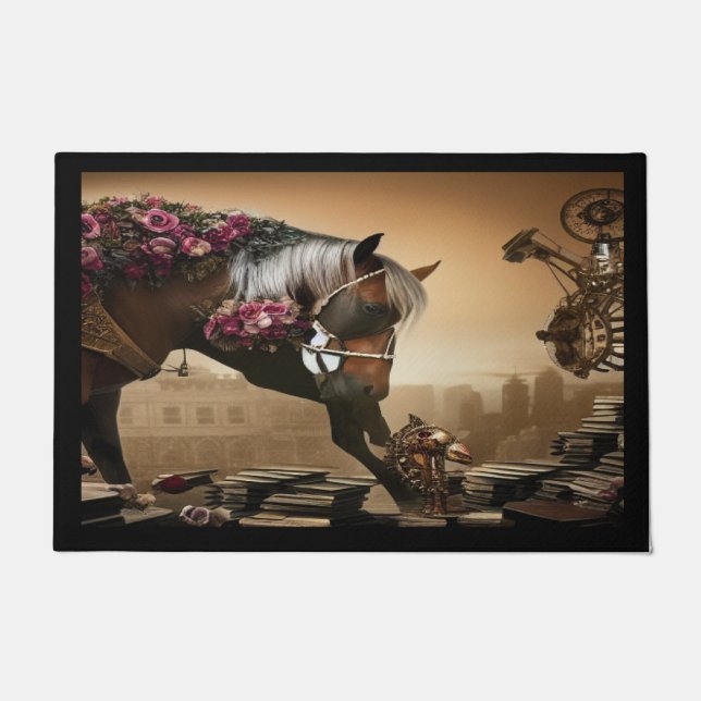 Alfombra de puerta de caballo steampunk con rosas (Anverso)
