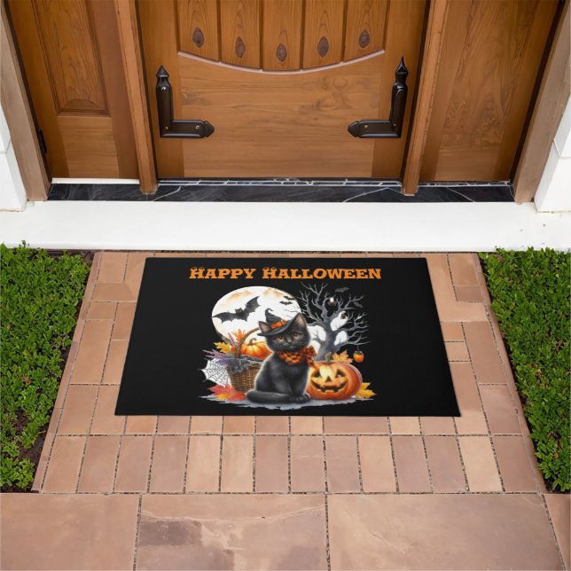 Alfombra de puerta de Halloween de gato espeluznan (Exterior)