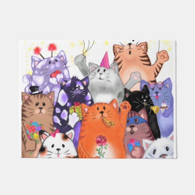 Alfombra de puerta divertida con fiesta de gato fe (Anverso)