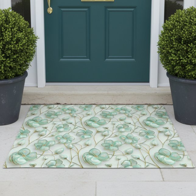Alfombra de puerta floral verde elegante (elegant glam luxe aqua mint green and gold floral door mat)