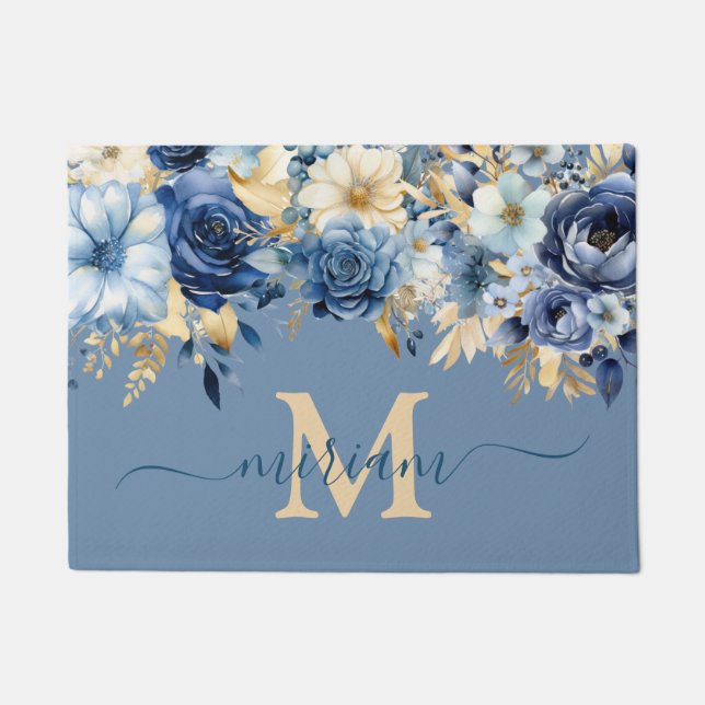 Alfombra de Suelo de Cocina de Lujo: Flores Azules (Anverso)