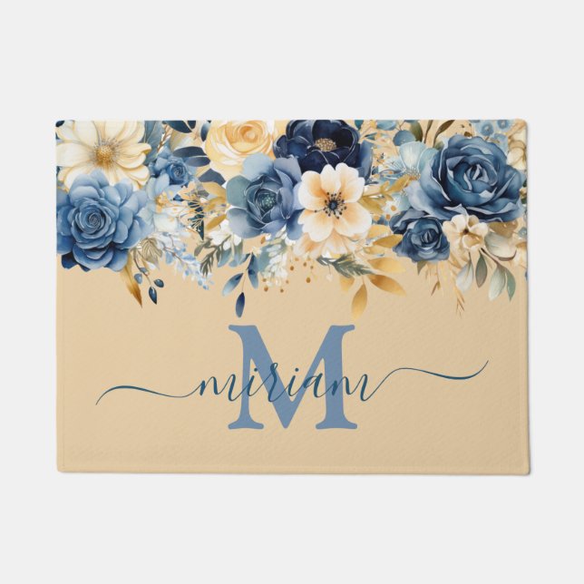Alfombra de Suelo de Cocina de Lujo: Flores Azules (Anverso)