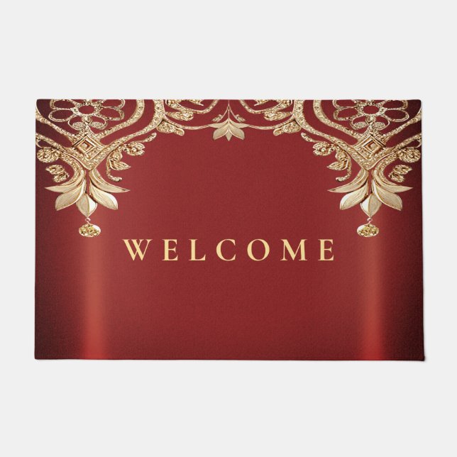 Alfombra moderna floral roja dorada (Anverso)