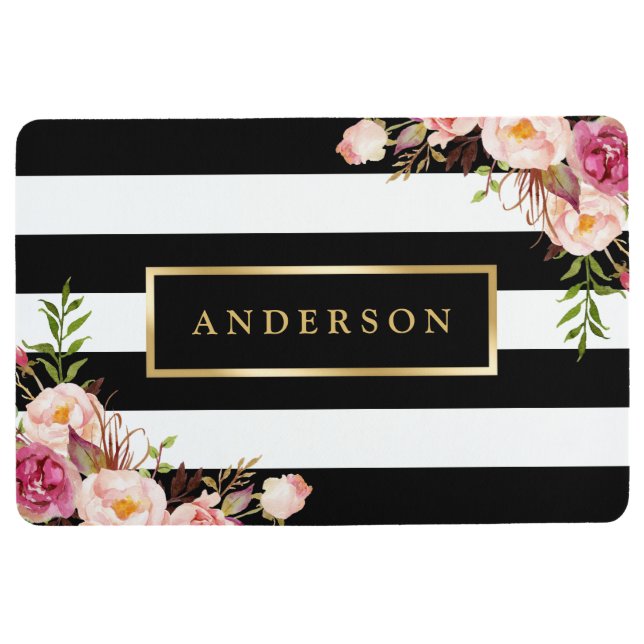 Alfombra Rayas blancas negras clásicas del abrigo floral (Anverso)