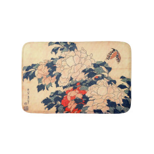 Alfombrilla De Baño 牡 丹 と 蝶, 北 斎 Peonies y Mariposa, Hokusai, Ukiyo-e