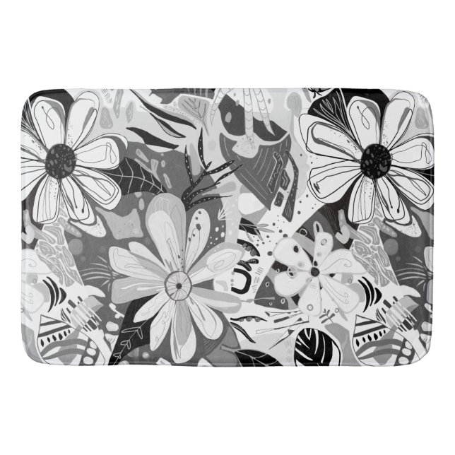 Alfombrilla De Baño Abstracto blanco y negro Floral Whimsical (Anverso)